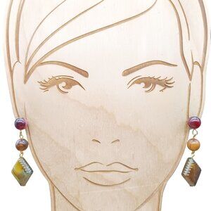 Vintage Dangling Earrings With Root Beer & Burgundy Marbled Beads and Diamond